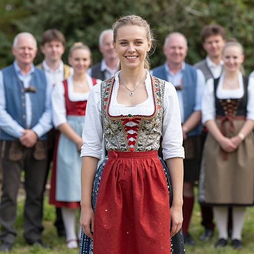 Photograph of a smiling young woman in traditional German dirndl dress, red bodice, white blouse, standing in front of a blurred group of smiling