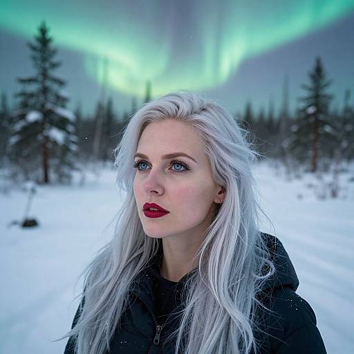 Photograph of a pale-skinned woman with long white hair, red lipstick, and black coat, standing in snowy forest under vibrant green Northern Lights.