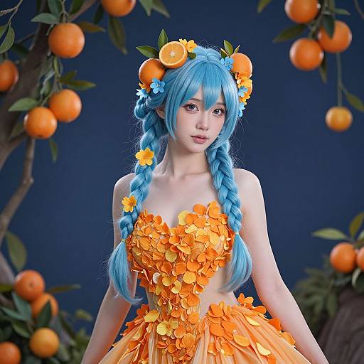 Digital art of a fair-skinned woman with blue braided hair, adorned with orange flowers and citrus, wearing an orange flower dress, set against a