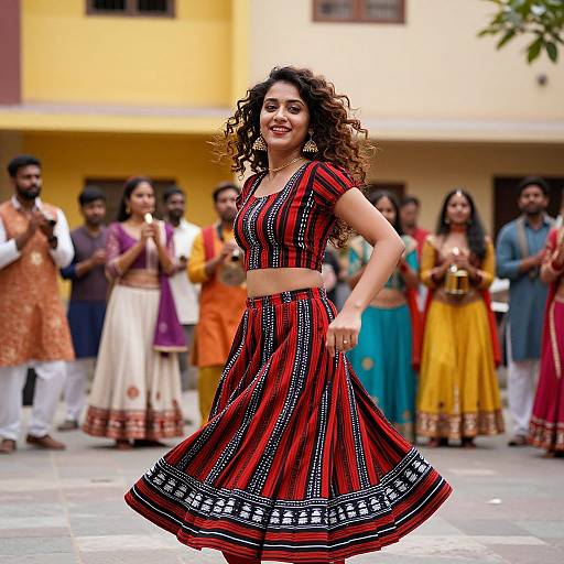 Photograph of a smiling Indian woman with curly hair, wearing a red and black traditional dress, dancing in front of a cheering crowd in colorful attire,