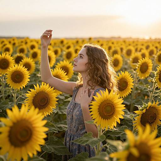 Photograph of a curly-haired woman in a blue dress, standing in a vast sunflower field, raising her hand to touch a sunflower under a