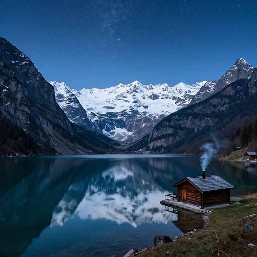 Photograph of a serene alpine lake at night, reflecting snow-capped mountains under a starry blue sky, with a wooden cabin emitting smoke in