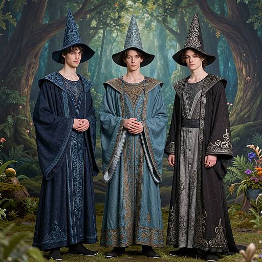 Photograph of three young men in medieval-style wizard robes with intricate embroidery, tall pointed hats, standing in a lush forest.