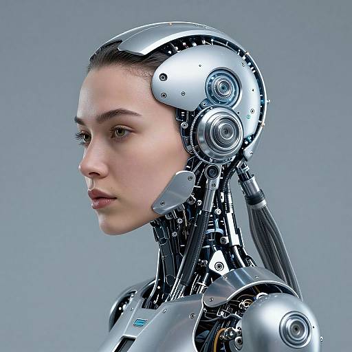 Photorealistic CGI of a young woman with sleek, metallic cybernetic head and neck, featuring intricate robotic components, against a gray background.