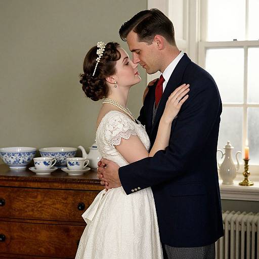 Photograph of a bride and groom in an intimate embrace, both wearing vintage attire, in a bright room with blue china and candles.