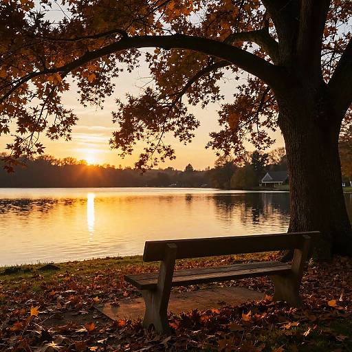 Photograph of a wooden bench under a tree, overlooking a calm lake at sunset with golden reflections and autumn leaves.