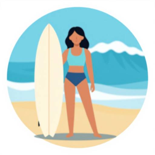 Digital illustration of a woman with black hair, wearing a blue sports bra and high-waisted blue bikini bottoms, standing on a beach holding a white