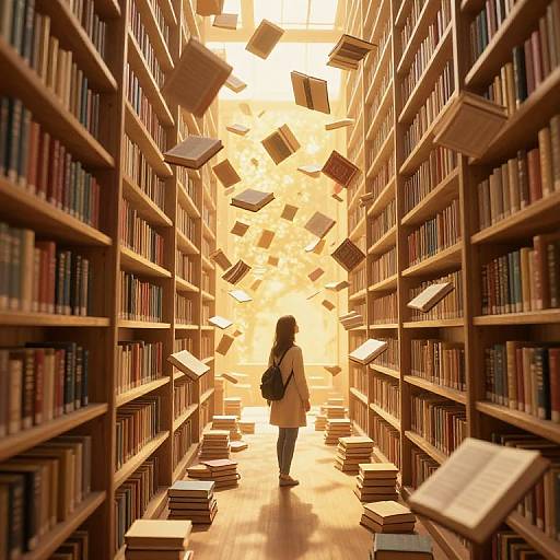Photograph of a library aisle with golden light, books floating above, and a girl with a backpack standing in the center.