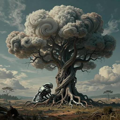 Digital artwork of a surreal, twisted tree with cloud-like leaves, rooted by a biomechanical creature in a vast, cloudy sky landscape.