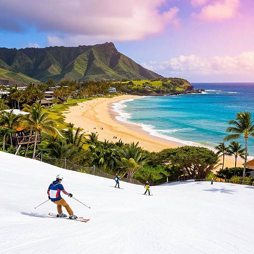 Photograph of a tropical beach scene with skiers on a snowy slope, turquoise ocean, palm trees, and green mountains under a cloudy sky.