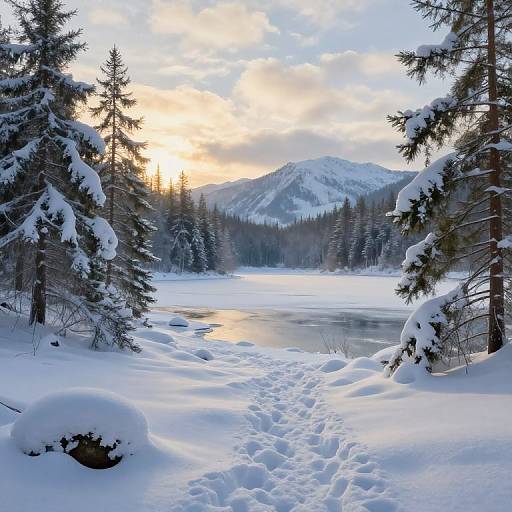 Photograph of a snow-covered forest with a frozen lake, sunlit mountains, and snow-laden pine trees, showcasing a peaceful winter sunset.