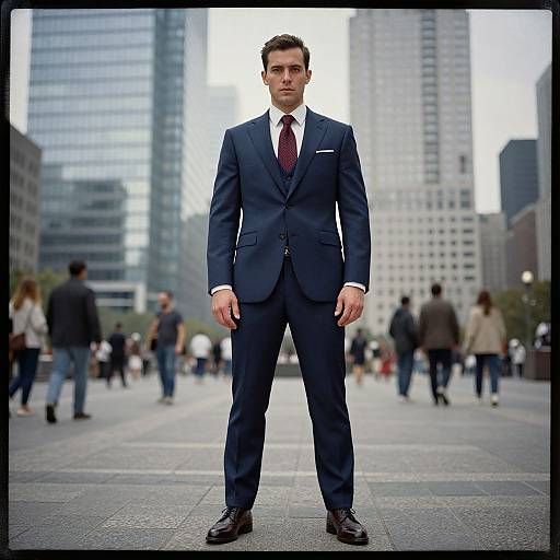 Photograph of a serious, handsome man in a dark blue suit, white shirt, and red tie, standing in a busy urban plaza with tall buildings