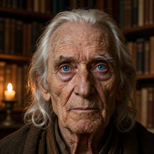 Photograph of an elderly man with white hair, blue eyes, wrinkled face, wearing brown cloak, in dimly lit library with bookshelves