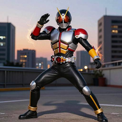 Photograph of a superhero in a silver, red, and black Kamen Rider suit, standing on a rooftop at sunset, striking a dynamic pose with
