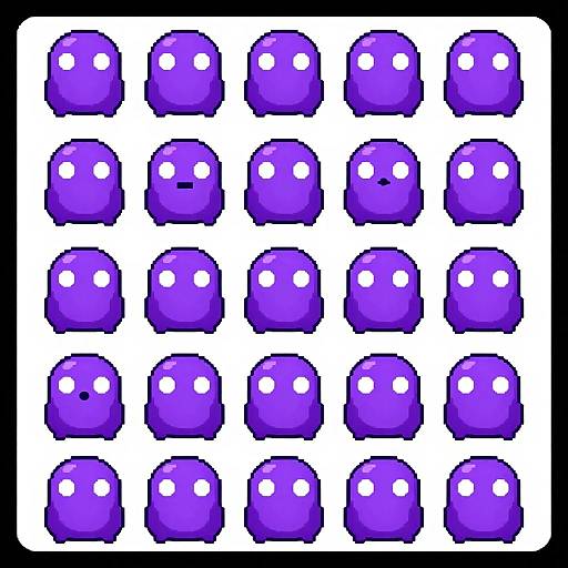 Pixel art of 25 purple, round, blob-like creatures with white circular eyes arranged in a 5x5 grid on a white background.