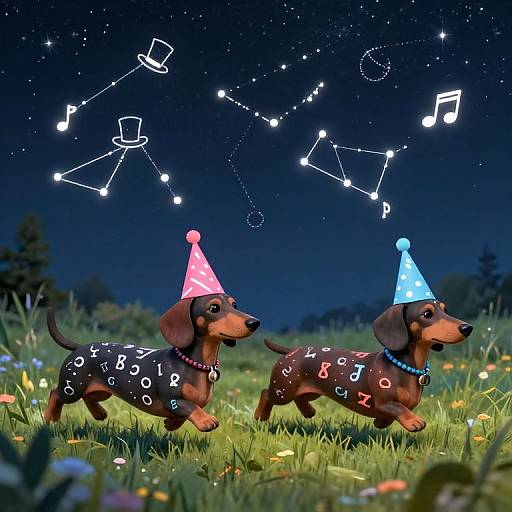 Photograph of two dachshunds wearing colorful party hats, decorated with alphabet letters, under a starry night sky with constellation and musical notes.