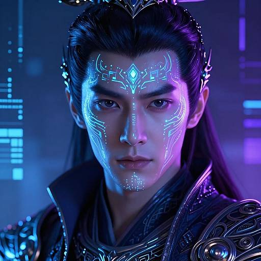 Photorealistic digital artwork of an Asian male with glowing blue and purple tribal markings on his face, wearing ornate, metallic armor, against a futuristic