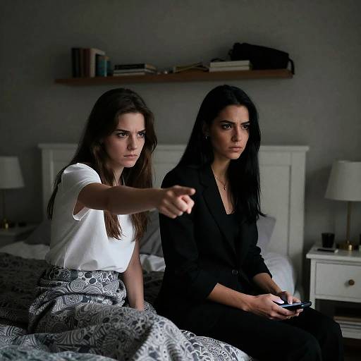 Two Women in Dim Bedroom Showing Intense Emotions