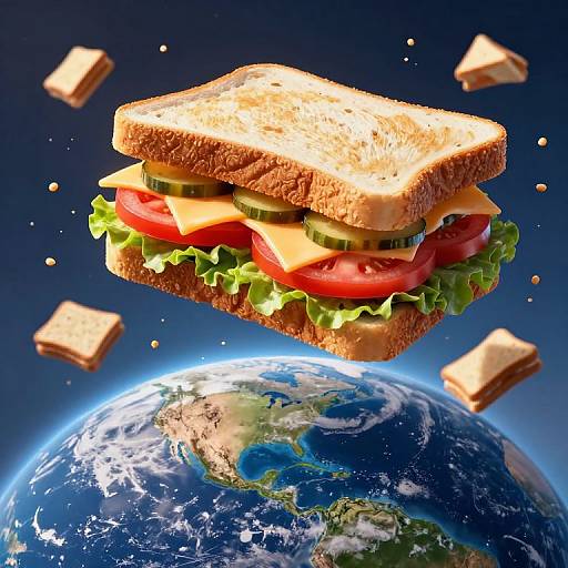 Photorealistic CGI of a floating sandwich with tomato, lettuce, cheese, and cucumber on a cosmic background with Earth below.
