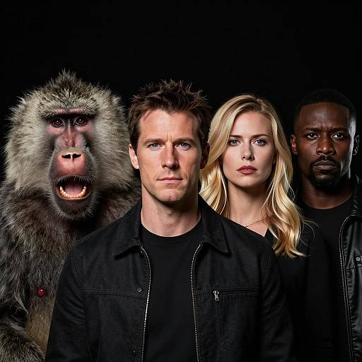 Group portrait with baboon and three adults on dark background