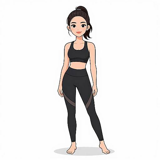 Digital anime-style drawing of a young woman with fair skin, black hair in a ponytail, wearing a black sports bra and high-waisted leggings