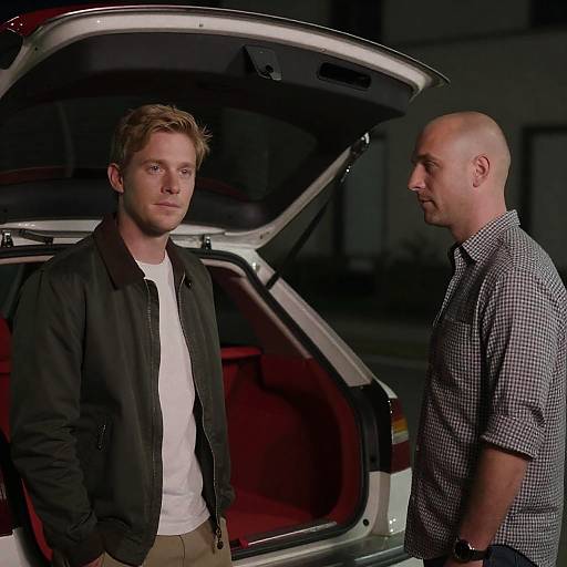 Urban Night Portrait with Illuminated Car Trunk