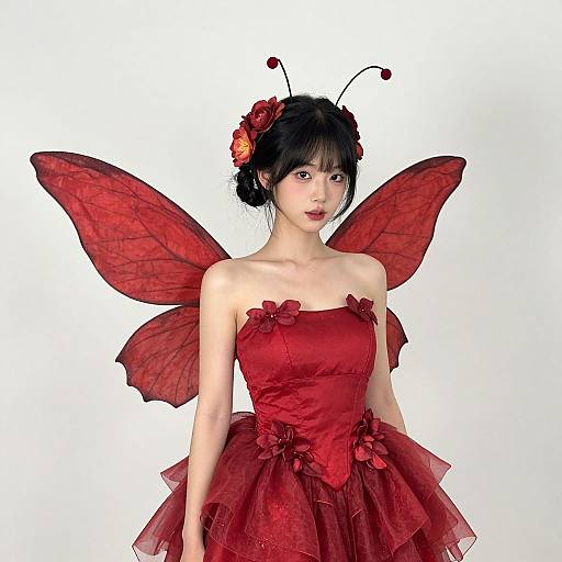 Photograph of an Asian woman with black hair, wearing a strapless red fairy dress, red translucent wings, and antennae hairpiece.