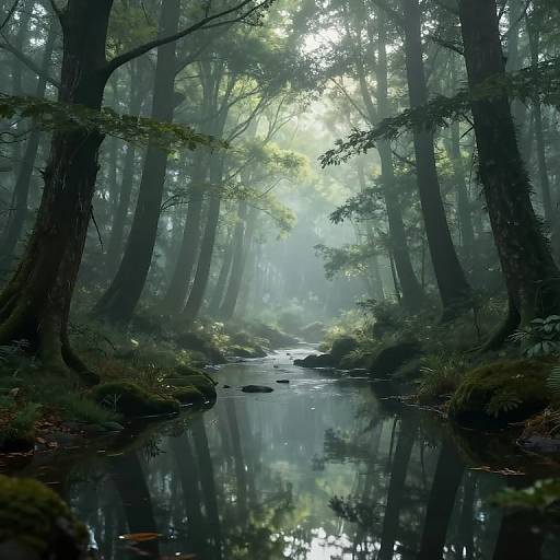 Photograph of a misty forest with sunlight filtering through tall trees, reflecting in a calm, narrow stream lined with moss-covered rocks.