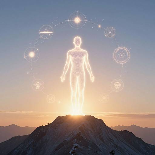 Silhouetted human figure with glowing white aura, standing on mountain peak at sunset, surrounded by circular energy symbols in the sky.