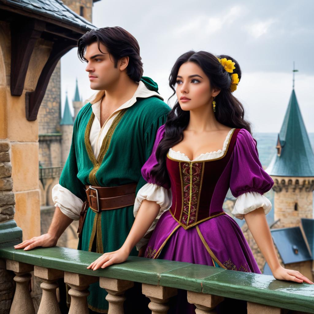 Esmeralda and Quasimodo on Castle Balcony