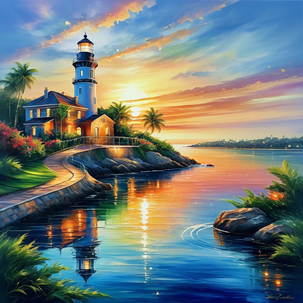 Captivating Sunset Lighthouse Oil Painting