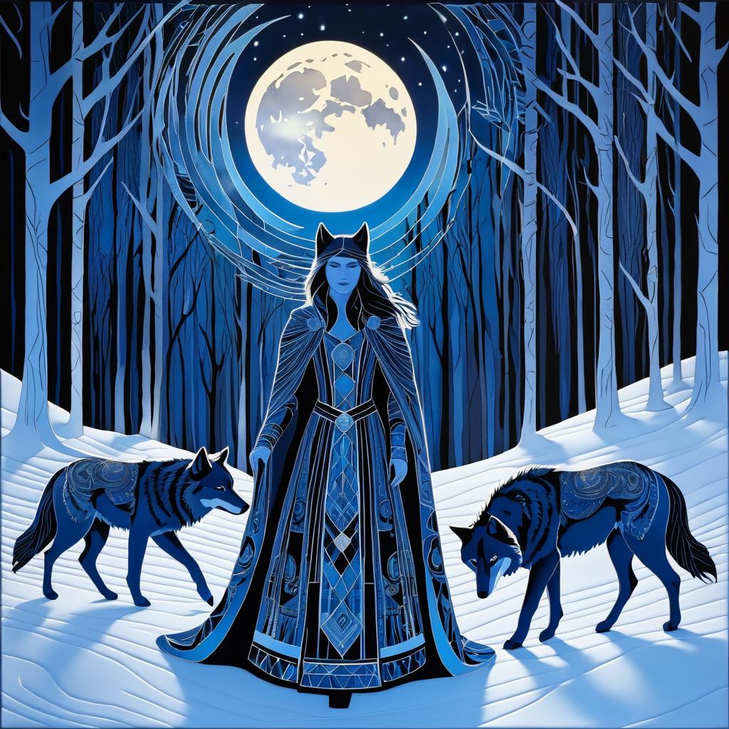 Mystical Twilight Figure with Wolves