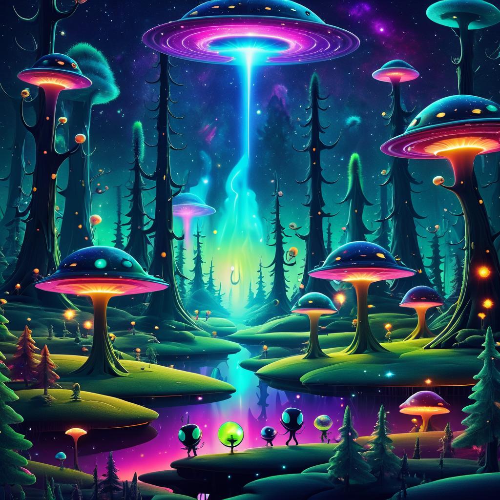 Colorful Retro Aliens in Cosmic Wonderland