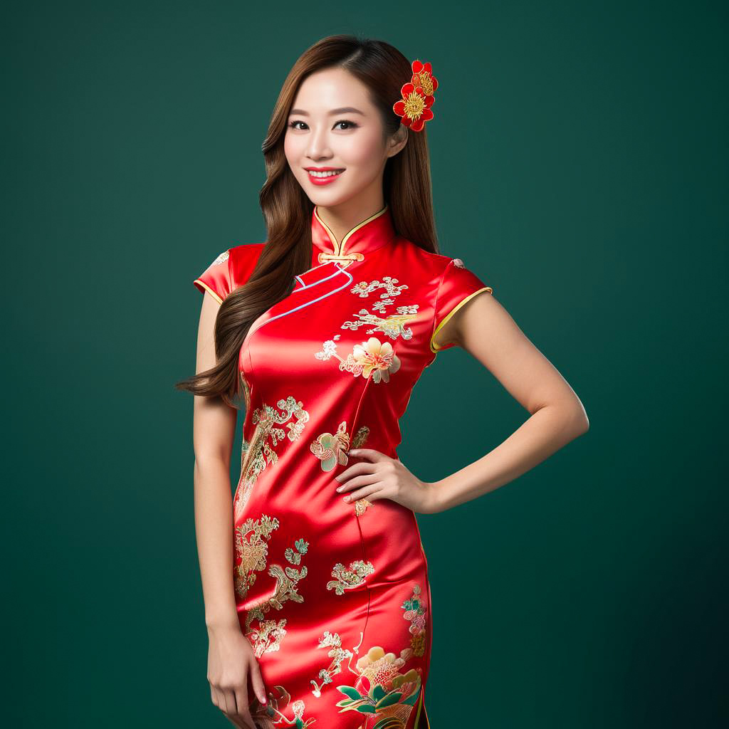 Cheerful Young Lady in Vibrant Qipao