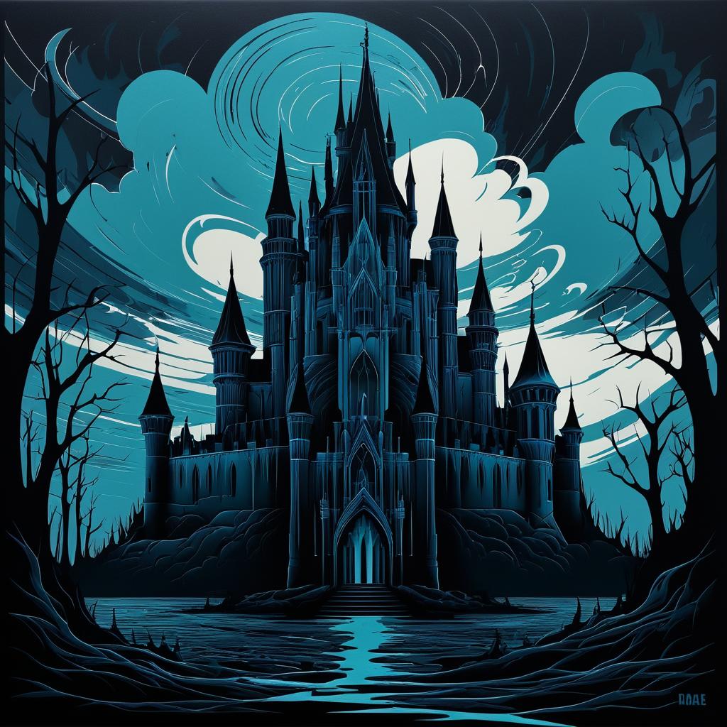 Eerie Gothic Castle in Stormy Landscape