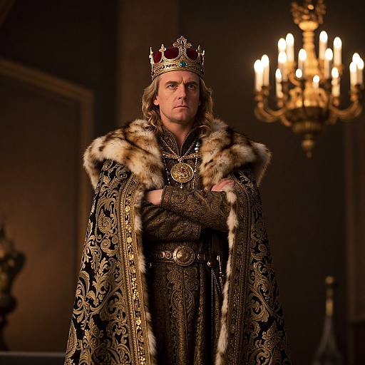 Photograph of a stern-looking man with long blonde hair, wearing an ornate gold crown, fur-trimmed black robe, and intricate gold patterns