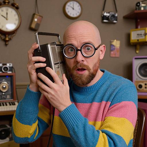 Photograph of a bald, bearded man with large glasses, wearing a colorful striped sweater, holding a vintage camera, surprised expression, retro room with