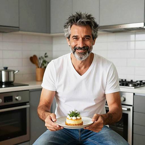 Middle-aged man holding dessert in modern kitchen