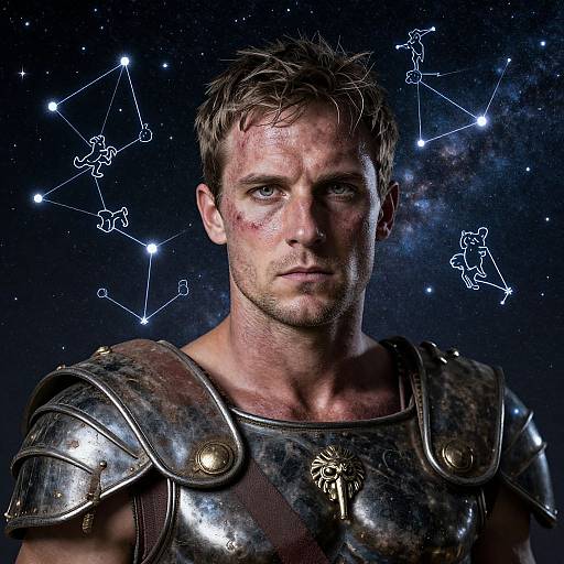 Photograph of a rugged, sweaty, blonde-haired man in metallic armor against a starry night sky with constellation outlines. Intense gaze, slightly dis