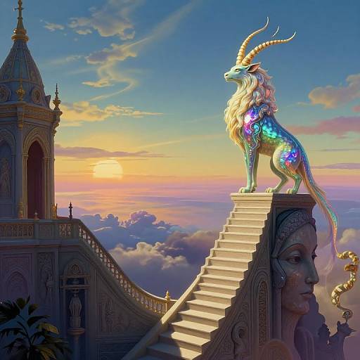 Digital fantasy artwork: A shimmering, iridescent unicorn with horns stands on a staircase, overlooking a sunset sky with clouds. Gothic architecture and a