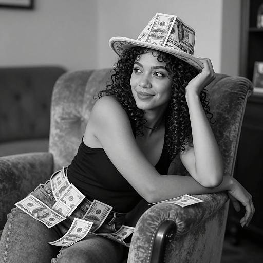 Elegant Woman with Money Hat in Black and White