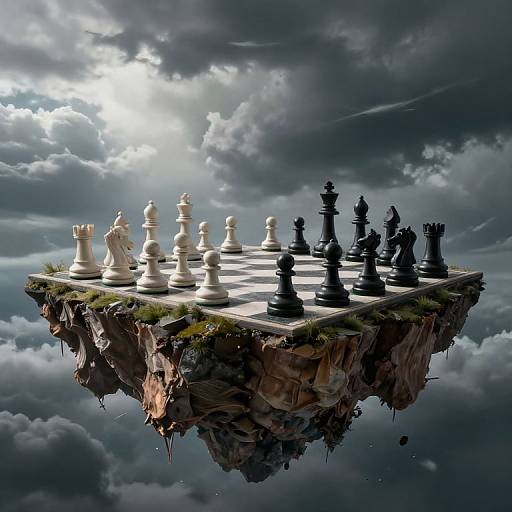 Photorealistic CGI of a floating chessboard with white and black pieces on a rocky island, surrounded by dramatic, cloudy sky.