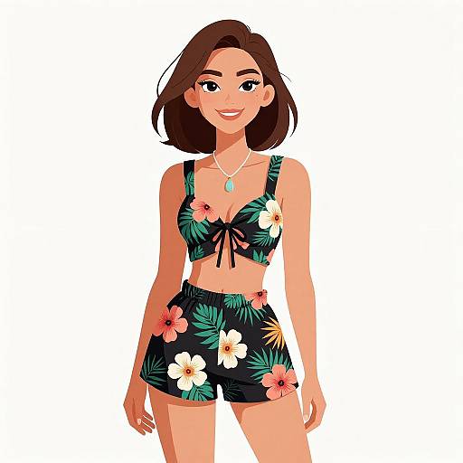 Smiling Woman in Tropical Two-Piece Outfit