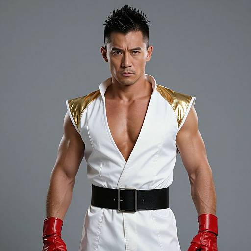 Photograph of a muscular Asian man with spiky black hair, wearing a white sleeveless shirt with gold shoulder accents, black belt, and red gloves