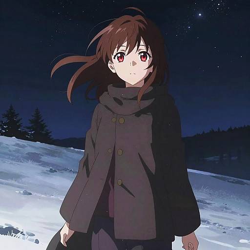 Anime-style digital drawing of a young girl with brown hair and red eyes, wearing a black coat, standing in a snowy, starlit night landscape.