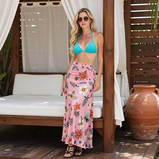 Blonde Woman in Turquoise Bikini and Floral Skirt