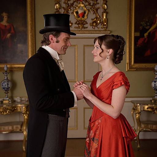 Photograph of a Victorian-era couple dancing in an ornate, gold-accented room; man in black top hat and tailcoat, woman in
