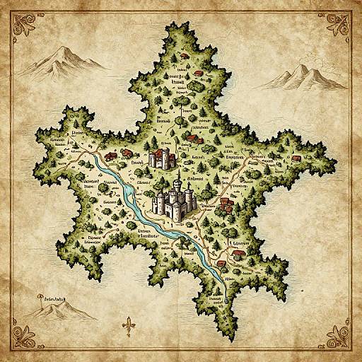 Detailed medieval-style map illustration of a forested region with a castle, rivers, mountains, and villages, on aged parchment background.