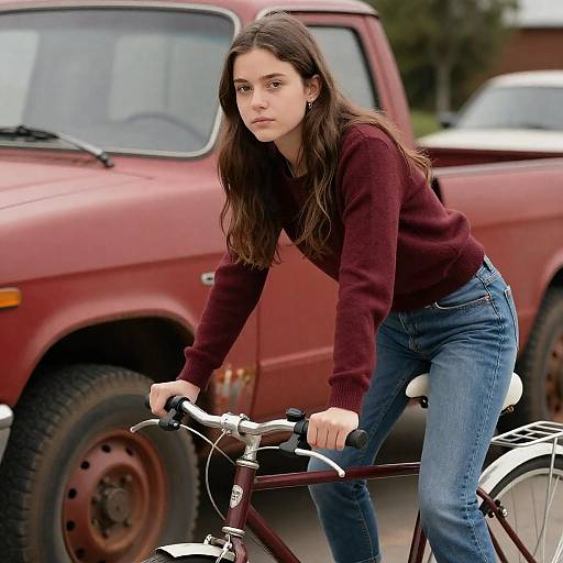Young Woman on Bicycle by Rustic Truck