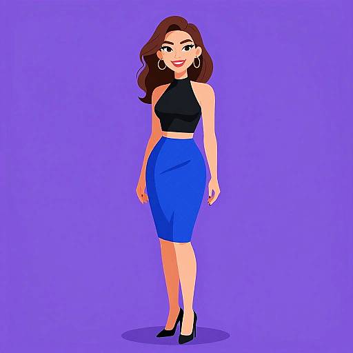 Digital illustration of a confident woman with wavy brown hair, wearing a black halter top, blue pencil skirt, and black heels, against a solid